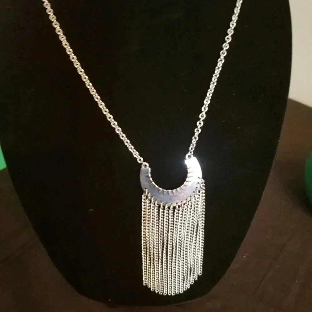 SILVER HALF-MOON NECKLACE WITH DANGLES